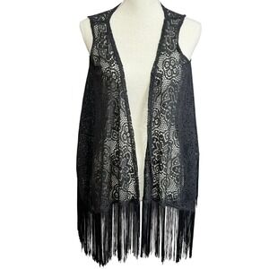 Lace Vest Womens S Black Boho Fringe Open Front Oversized Festival Whimsigoth